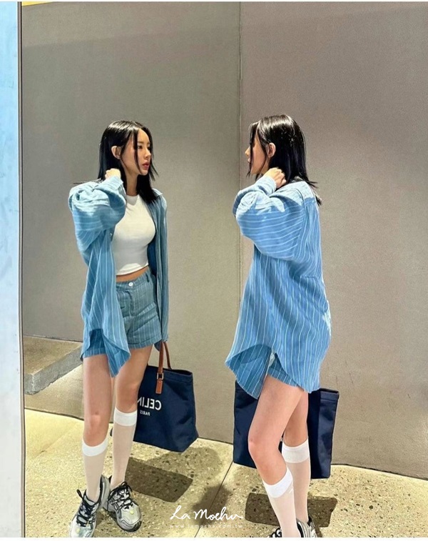 蜜桃絨條紋套裝